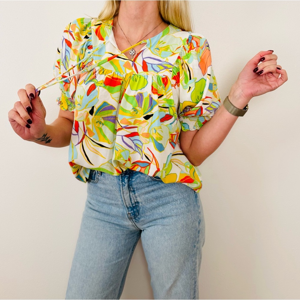Karlie Linen Blend Puffy Sleeves Tie V Neckline Floral Print Blouse Top